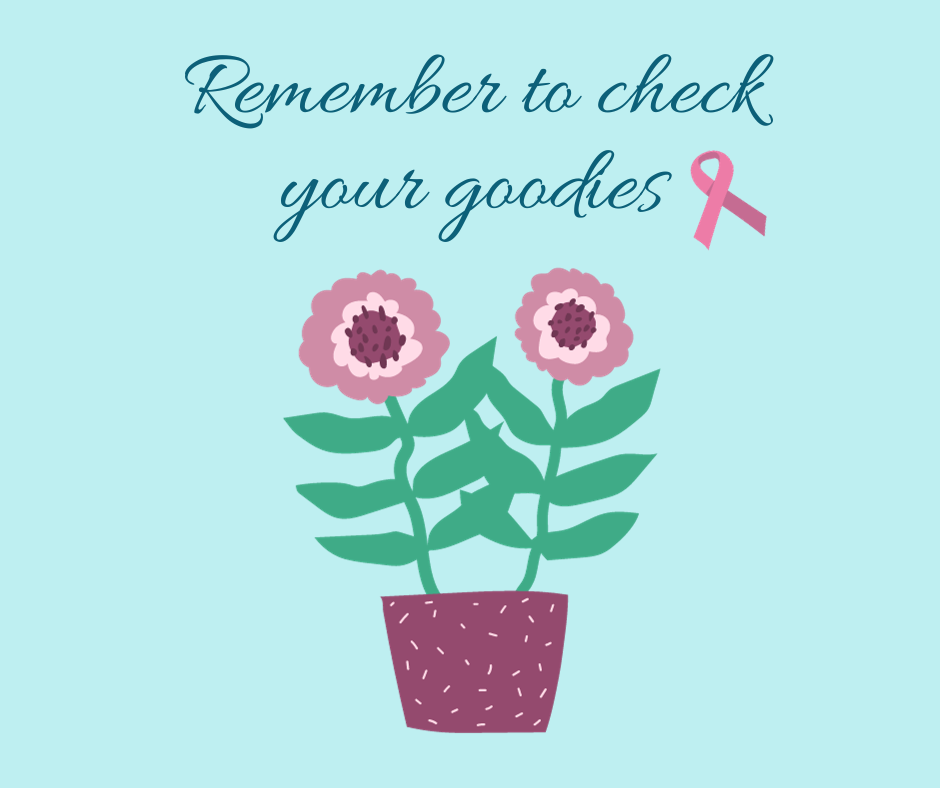 pink ribbon with two pink flowers and text reading remember to check your goodies